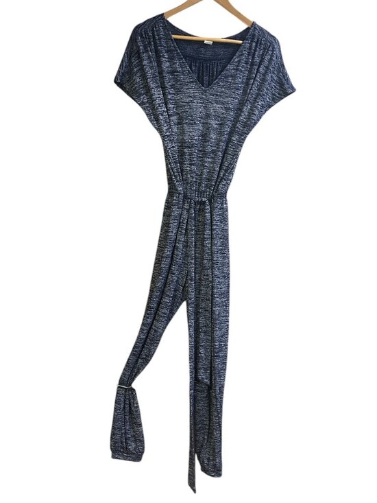 Vtg GAP Heathered Navy Jumpsuit Short Sleeve V-Neck One-Piece XS 70s Vibe Cozy - Picture 2 of 7